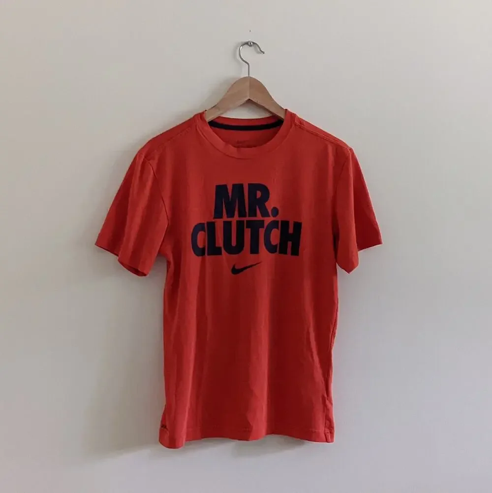 Nike Dri-Fit Mens Sz Small MR. CLUTCH Short Sleeve Tee Shirt Orange Graphics